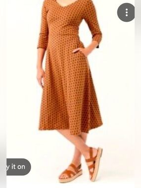 Pact Organic Cotton Geometric Print Fit Flare Dress 3/4 Sleeve Pockets XL